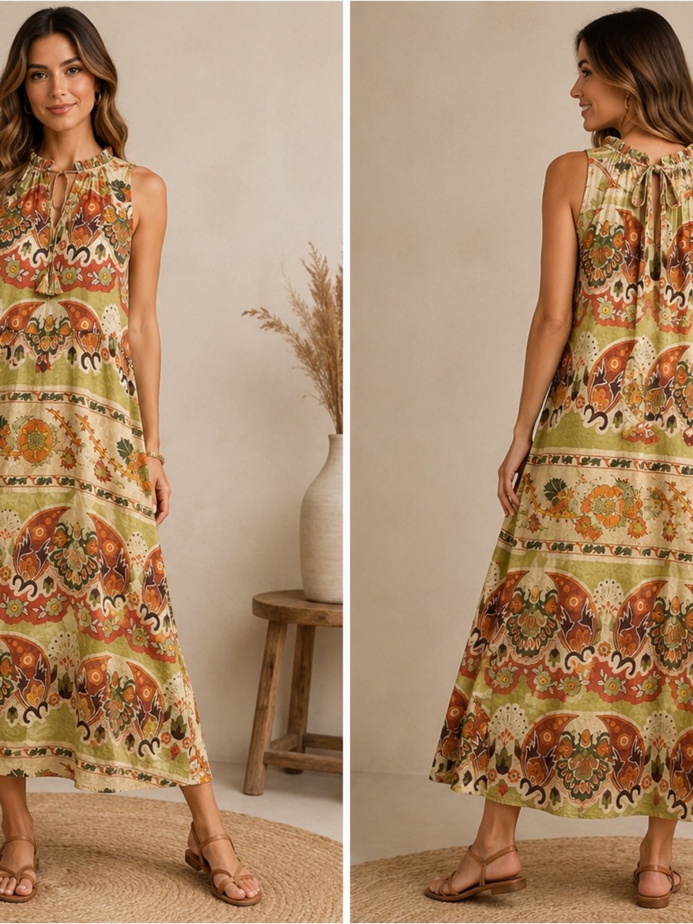Umgee Olive and Rust Tiered Boho Midi Dress